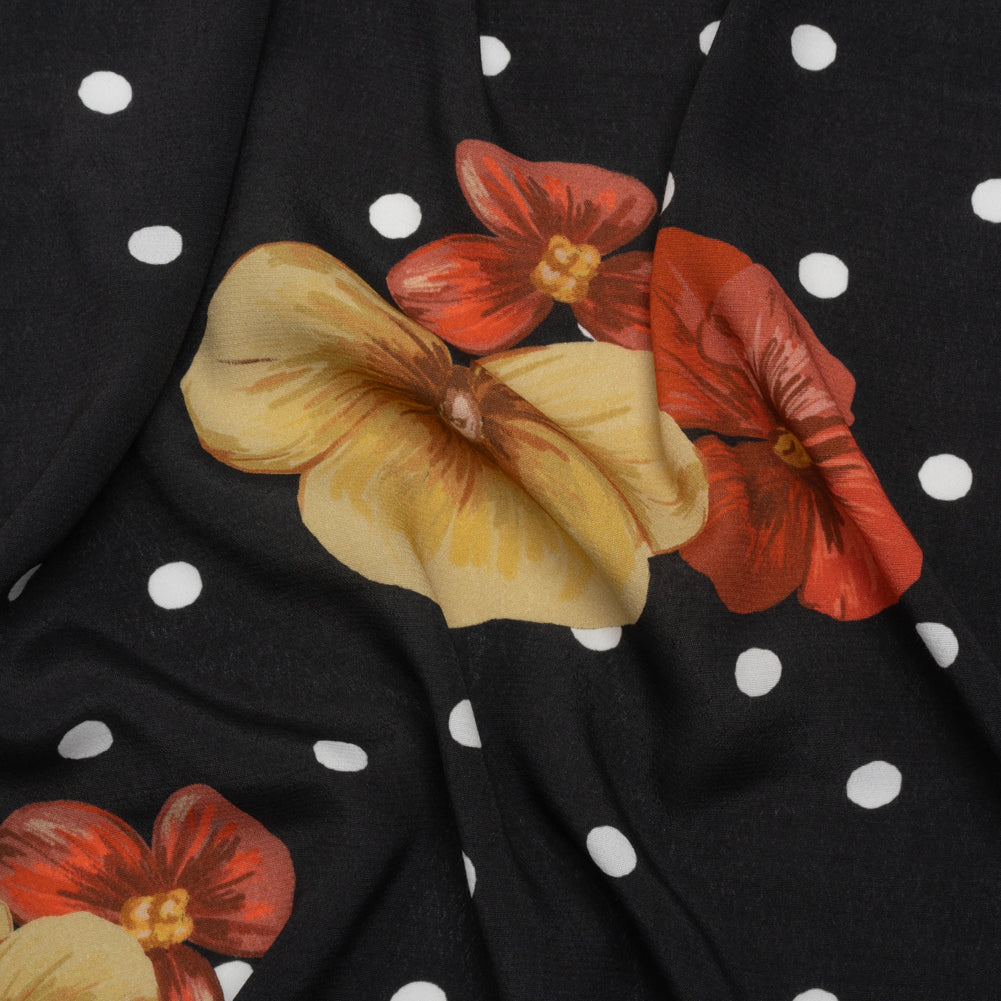 Viscose Crepe Print - Black and Red Floral and Polka Dots - Mood Exclusive Treasures Renewed Viscose Crepe Print - Black and Red Floral and Polka Dots - Mood Exclusive Treasures Renewed