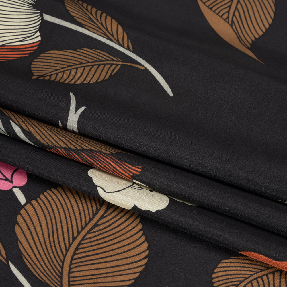 Black, Brown and Cream Floral China Silk/Habotai Full Black, Brown and Cream Floral China Silk/Habotai Full