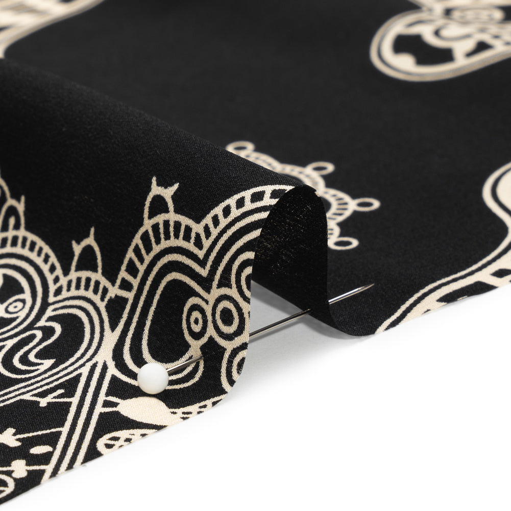 Black and Cream Eye Medallions Border Print Silk Crepe de Chine Folded Black and Cream Eye Medallions Border Print Silk Crepe de Chine Folded