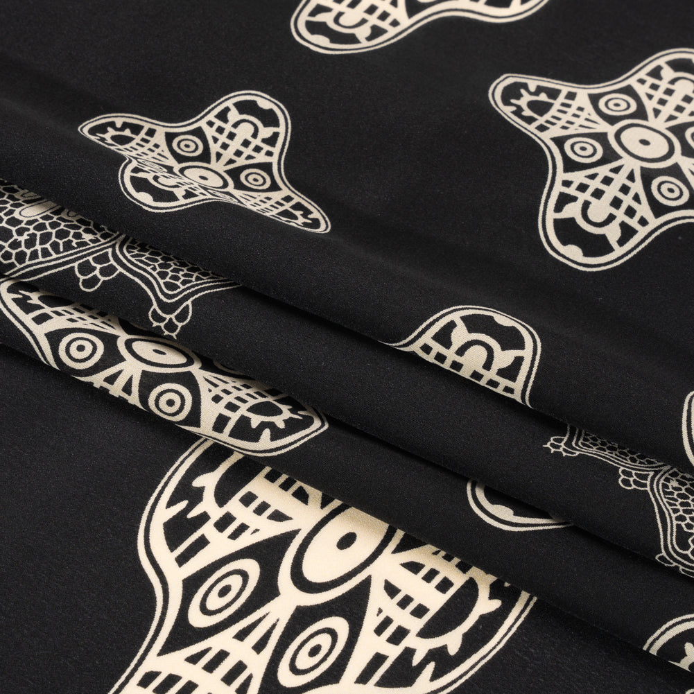 Black and Cream Eye Medallions Border Print Silk Crepe de Chine Full Black and Cream Eye Medallions Border Print Silk Crepe de Chine Full