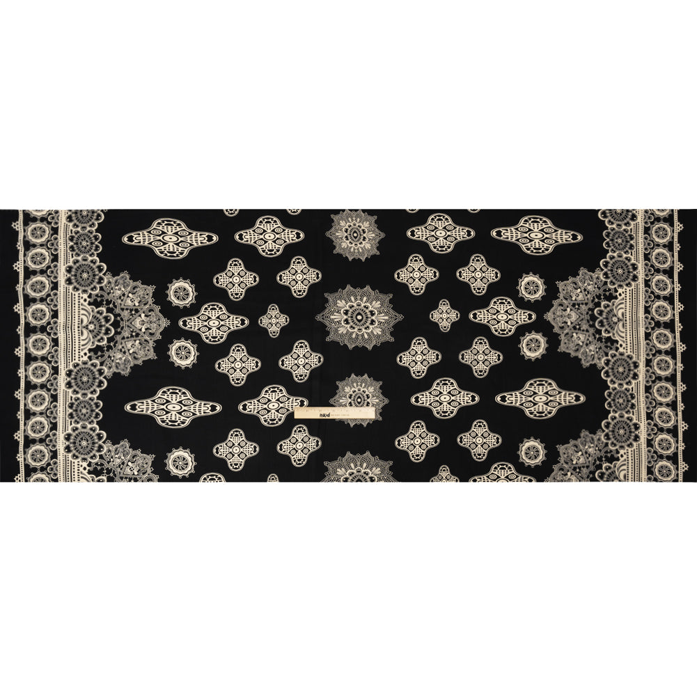 Black and Cream Eye Medallions Border Print Silk Crepe de Chine Drape Black and Cream Eye Medallions Border Print Silk Crepe de Chine Drape