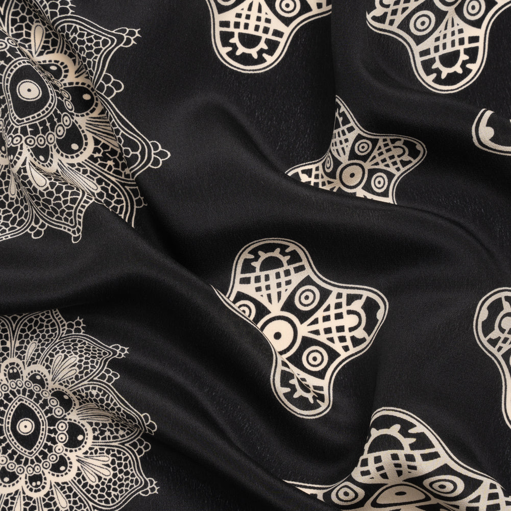 Black and Cream Eye Medallions Border Print Silk Crepe de Chine Black and Cream Eye Medallions Border Print Silk Crepe de Chine