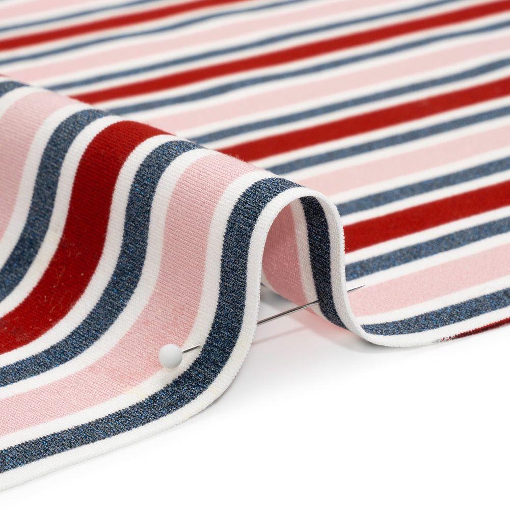 Oscar De La Renta Pink, Red and Metallic Blue Striped Stretch Interlock Knit Detail Oscar De La Renta Pink, Red and Metallic Blue Striped Stretch Interlock Knit Detail