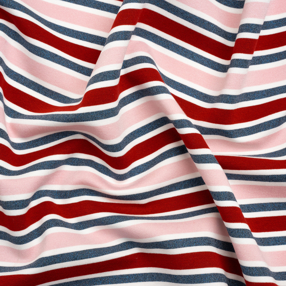 Oscar De La Renta Pink, Red and Metallic Blue Striped Stretch Interlock Knit Oscar De La Renta Pink, Red and Metallic Blue Striped Stretch Interlock Knit