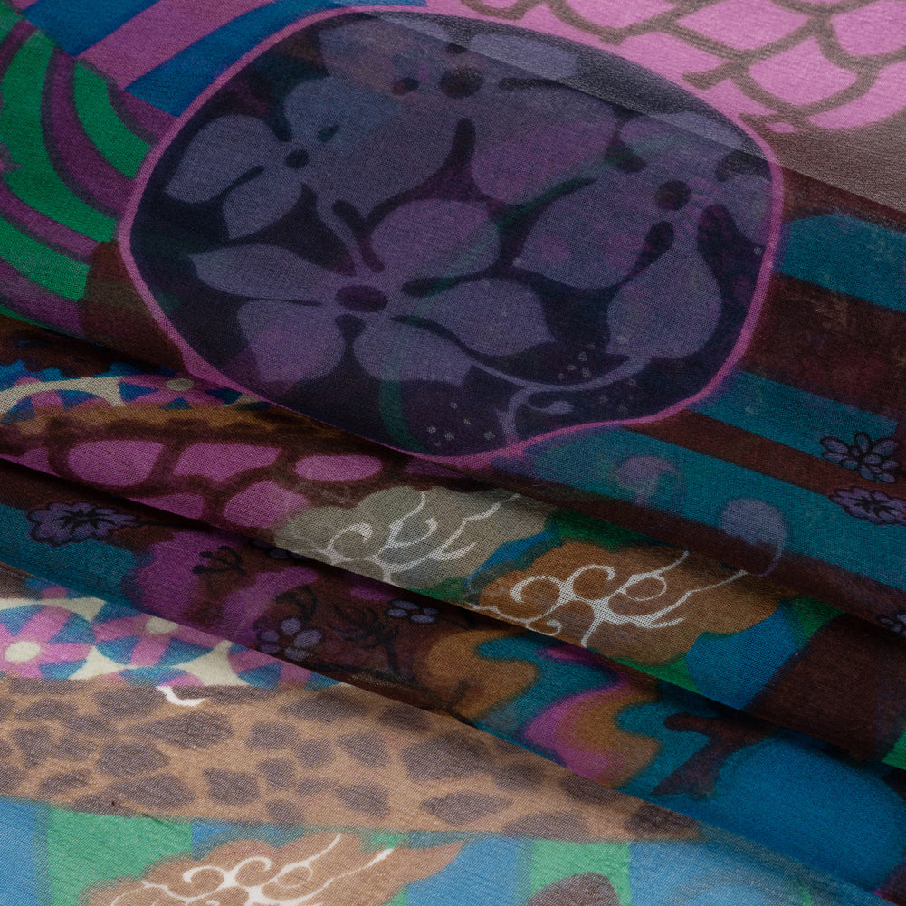 Purple, Blue and Brown Garden Patches Silk Chiffon Full Purple, Blue and Brown Garden Patches Silk Chiffon Full