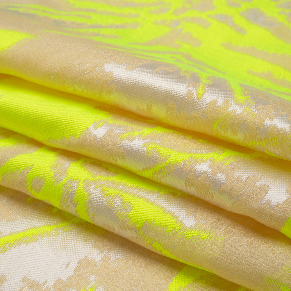 Neon Yellow, White and Beige Soft Leaves Lightweight Polyester and Viscose Luxury Brocade Neon Yellow, White and Beige Soft Leaves Lightweight Polyester and Viscose Luxury Brocade