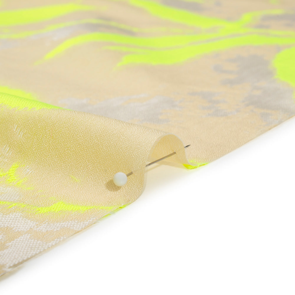 Neon Yellow, White and Beige Soft Leaves Lightweight Polyester and Viscose Luxury Brocade Neon Yellow, White and Beige Soft Leaves Lightweight Polyester and Viscose Luxury Brocade