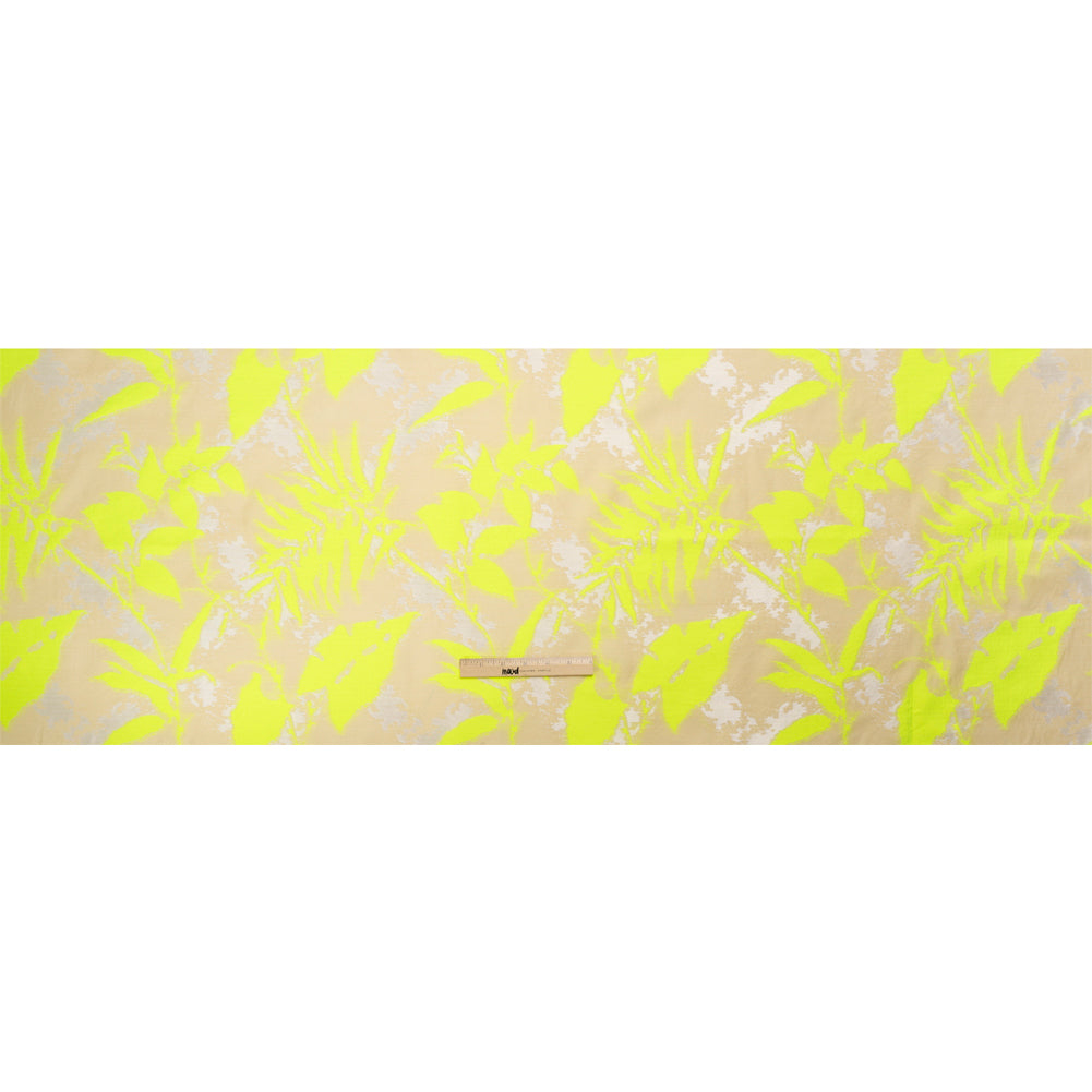 Neon Yellow, White and Beige Soft Leaves Lightweight Polyester and Viscose Luxury Brocade Neon Yellow, White and Beige Soft Leaves Lightweight Polyester and Viscose Luxury Brocade