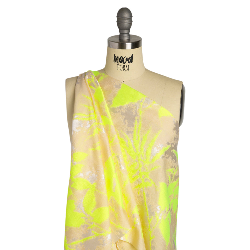 Neon Yellow, White and Beige Soft Leaves Lightweight Polyester and Viscose Luxury Brocade Neon Yellow, White and Beige Soft Leaves Lightweight Polyester and Viscose Luxury Brocade