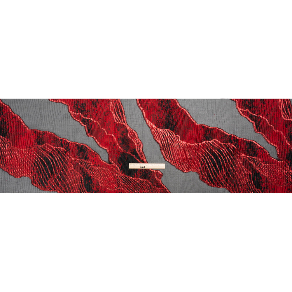 Metallic Red and Black Abstract Formations Ribbed Burnout Luxury Brocade Metallic Red and Black Abstract Formations Ribbed Burnout Luxury Brocade