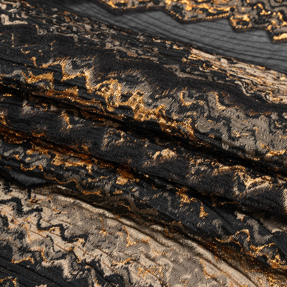 Metallic Gold, Taupe and Black Drifting Rifts Crinkled Luxury Burnout Brocade - Folded Metallic Gold, Taupe and Black Drifting Rifts Crinkled Luxury Burnout Brocade - Folded