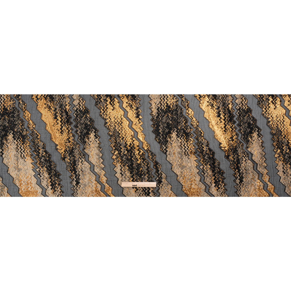 Metallic Gold, Taupe and Black Drifting Rifts Crinkled Luxury Burnout Brocade - Full Metallic Gold, Taupe and Black Drifting Rifts Crinkled Luxury Burnout Brocade - Full