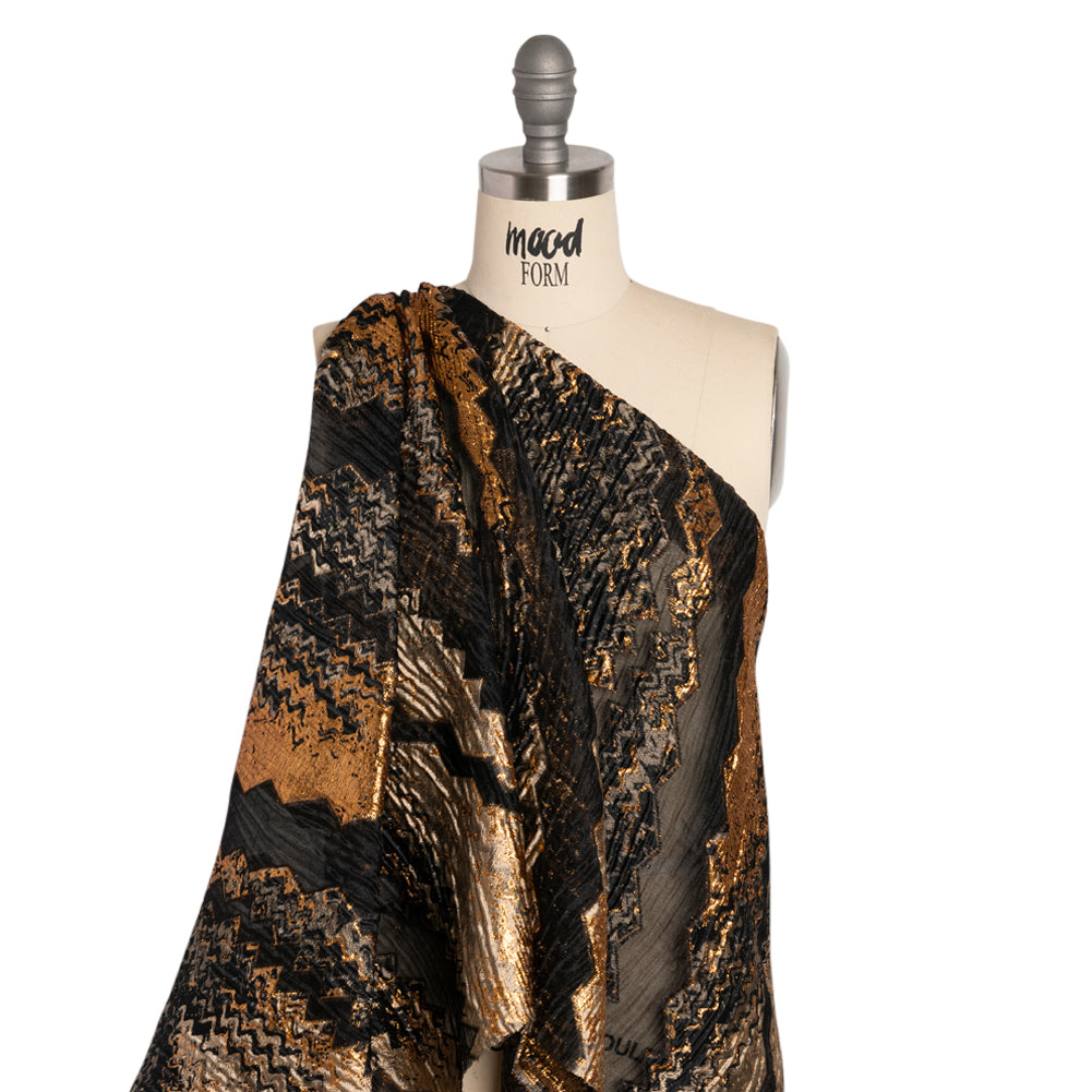 Metallic Gold, Taupe and Black Drifting Rifts Crinkled Luxury Burnout Brocade - Drape Metallic Gold, Taupe and Black Drifting Rifts Crinkled Luxury Burnout Brocade - Drape