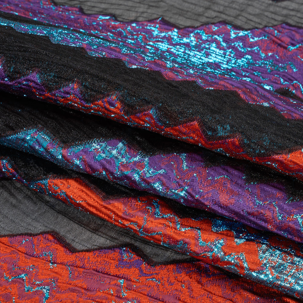 Metallic Turquoise, Brick and Purple Drifting Rifts Crinkled Luxury Burnout Brocade - Folded Metallic Turquoise, Brick and Purple Drifting Rifts Crinkled Luxury Burnout Brocade - Folded