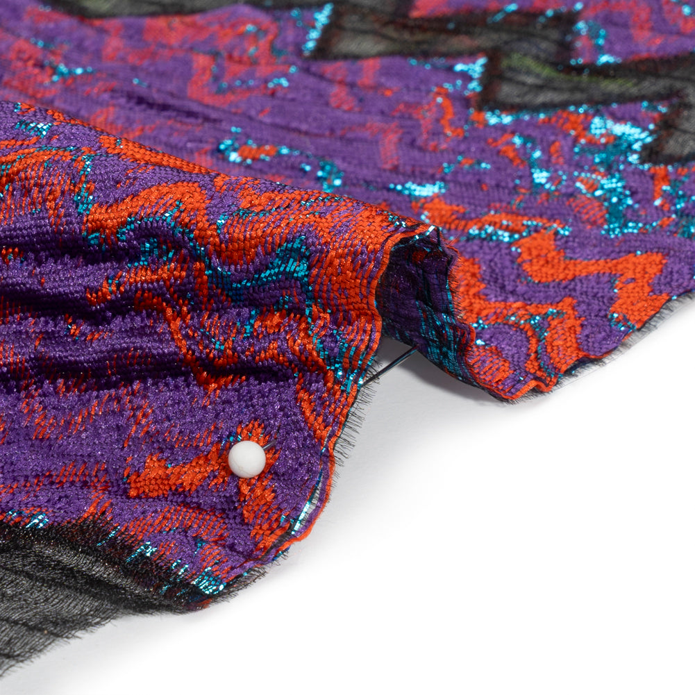 Metallic Turquoise, Brick and Purple Drifting Rifts Crinkled Luxury Burnout Brocade - Detail Metallic Turquoise, Brick and Purple Drifting Rifts Crinkled Luxury Burnout Brocade - Detail