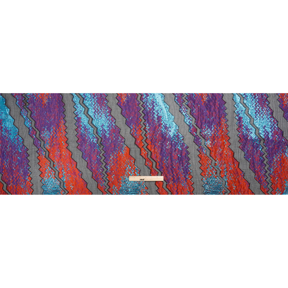 Metallic Turquoise, Brick and Purple Drifting Rifts Crinkled Luxury Burnout Brocade - Full Metallic Turquoise, Brick and Purple Drifting Rifts Crinkled Luxury Burnout Brocade - Full