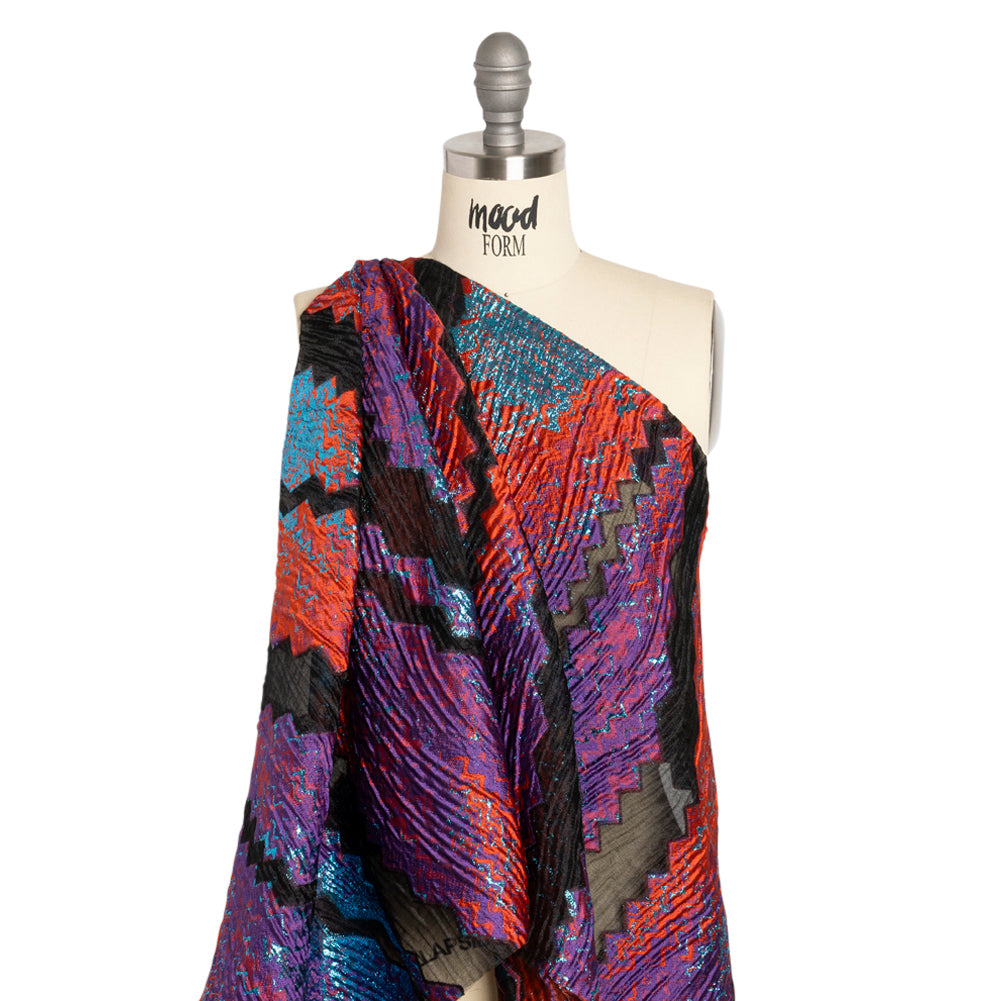 Metallic Turquoise, Brick and Purple Drifting Rifts Crinkled Luxury Burnout Brocade - Drape Metallic Turquoise, Brick and Purple Drifting Rifts Crinkled Luxury Burnout Brocade - Drape