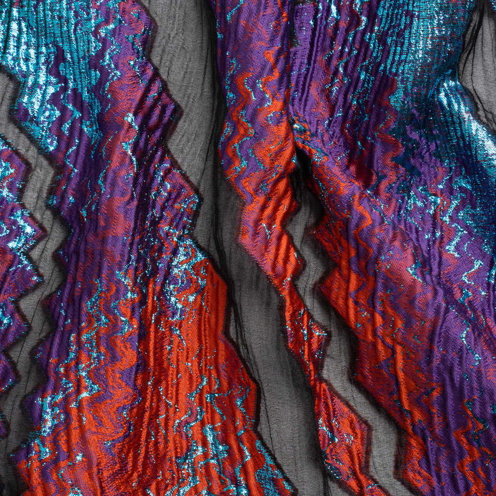 Metallic Turquoise, Brick and Purple Drifting Rifts Crinkled Luxury Burnout Brocade Metallic Turquoise, Brick and Purple Drifting Rifts Crinkled Luxury Burnout Brocade