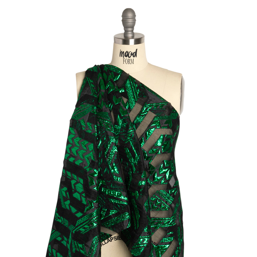Metallic Kelly Green and Black Geometric Pathways Luxury Burnout Brocade Metallic Kelly Green and Black Geometric Pathways Luxury Burnout Brocade