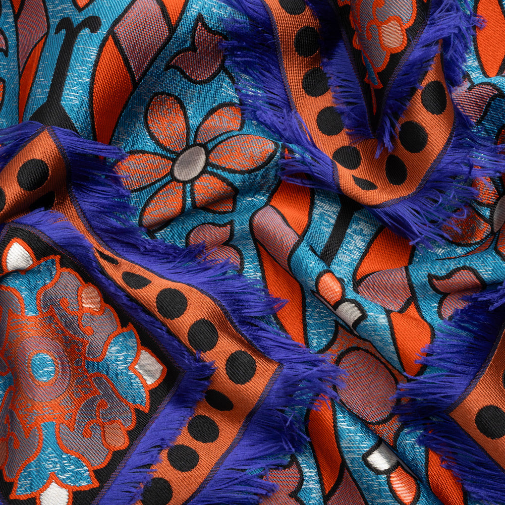 Teal, Orange and Blue Flowers and Fringed Diamonds Metallic Brocade Teal, Orange and Blue Flowers and Fringed Diamonds Metallic Brocade