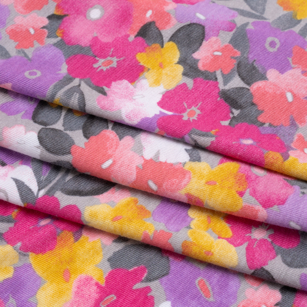 Stretch Rayon Jersey - Pink, Purple and Yellow Floral Folded Stretch Rayon Jersey - Pink, Purple and Yellow Floral Folded