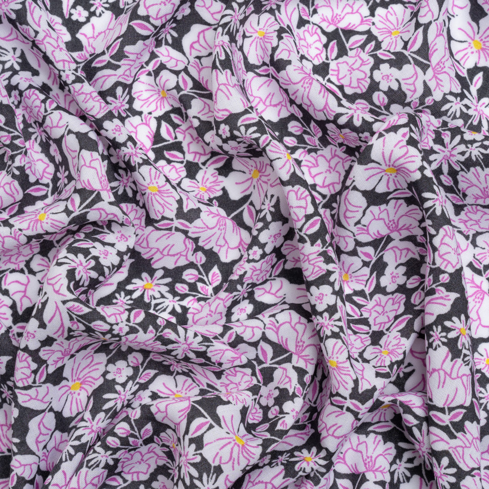 Rayon Batiste - Charcoal, White and Pink Floral Rayon Batiste - Charcoal, White and Pink Floral