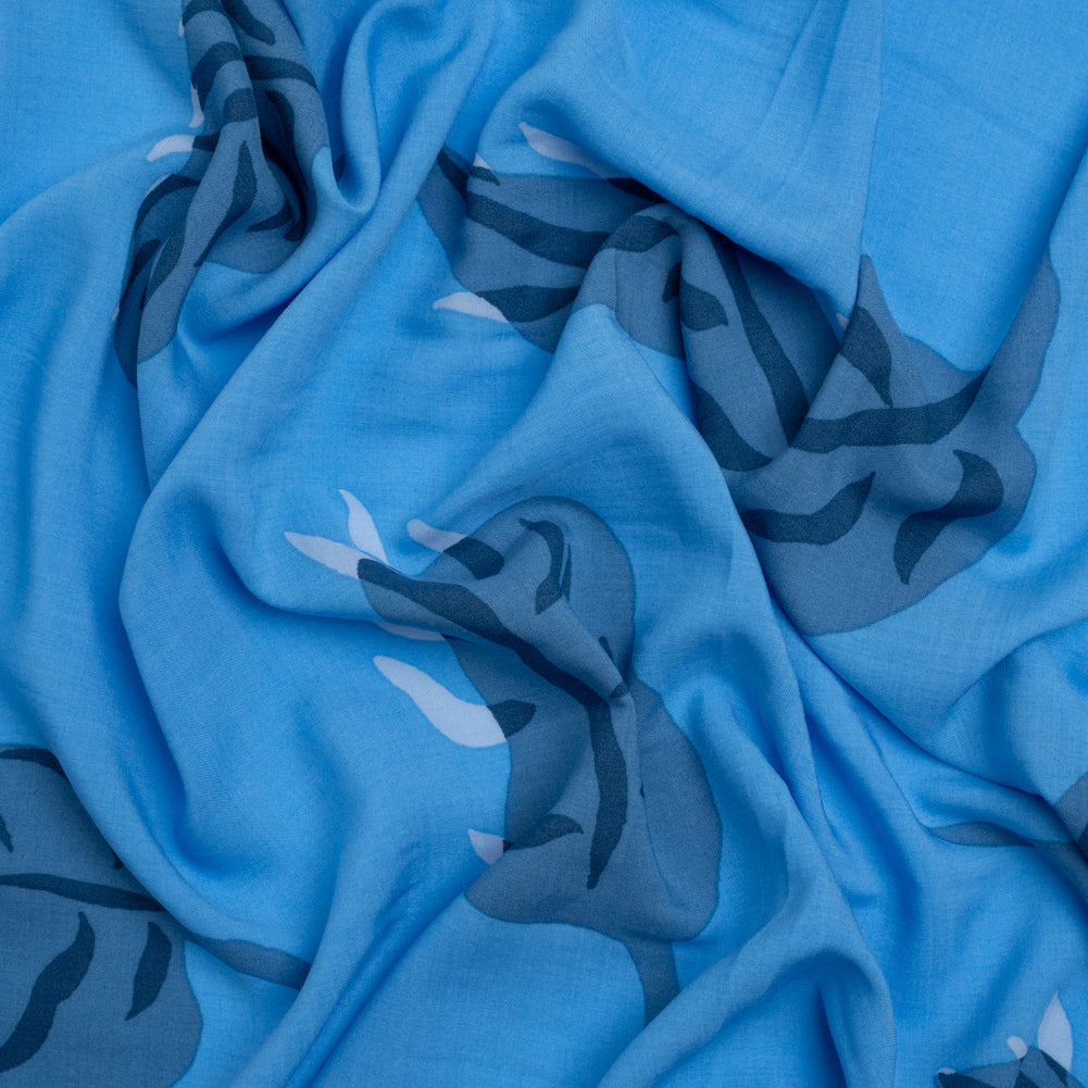 Rayon Batiste - Sky Blue Palm Leaves Rayon Batiste - Sky Blue Palm Leaves