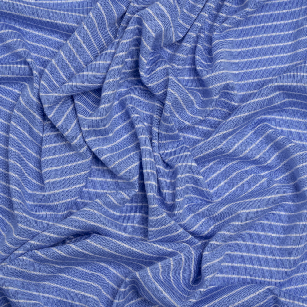Rayon and Polyester Jersey - Country Blue and White Railroaded Stripes Rayon and Polyester Jersey - Country Blue and White Railroaded Stripes