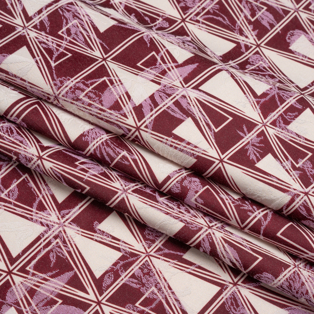 Stretch Flowers and Cranes Jacquard Print - Burgundy and White Triangles - Mood Exclusive Take Flight Folded Stretch Flowers and Cranes Jacquard Print - Burgundy and White Triangles - Mood Exclusive Take Flight Folded