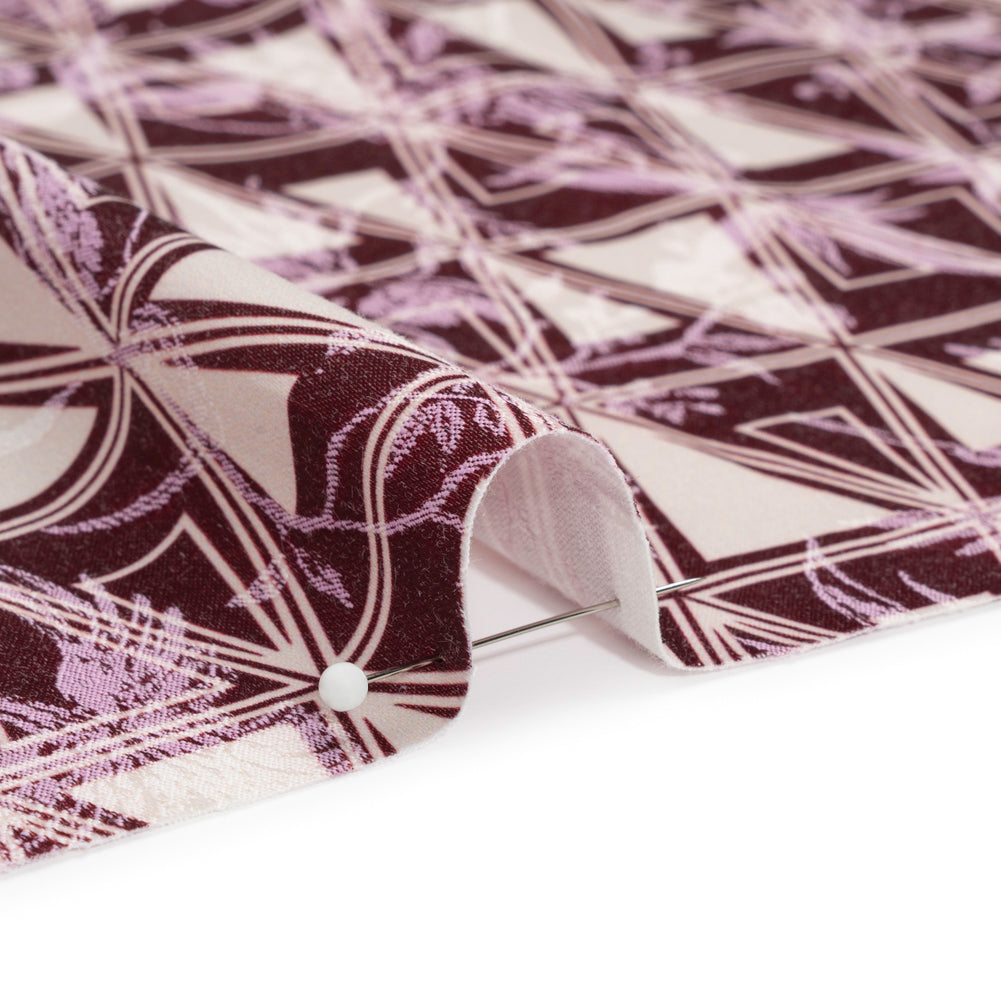 Stretch Flowers and Cranes Jacquard Print - Burgundy and White Triangles - Mood Exclusive Take Flight Detail Stretch Flowers and Cranes Jacquard Print - Burgundy and White Triangles - Mood Exclusive Take Flight Detail