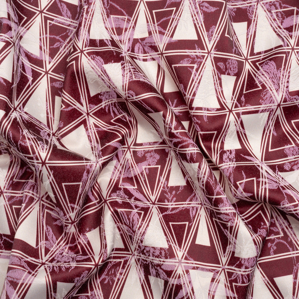 Stretch Flowers and Cranes Jacquard Print - Burgundy and White Triangles - Mood Exclusive Take Flight Stretch Flowers and Cranes Jacquard Print - Burgundy and White Triangles - Mood Exclusive Take Flight