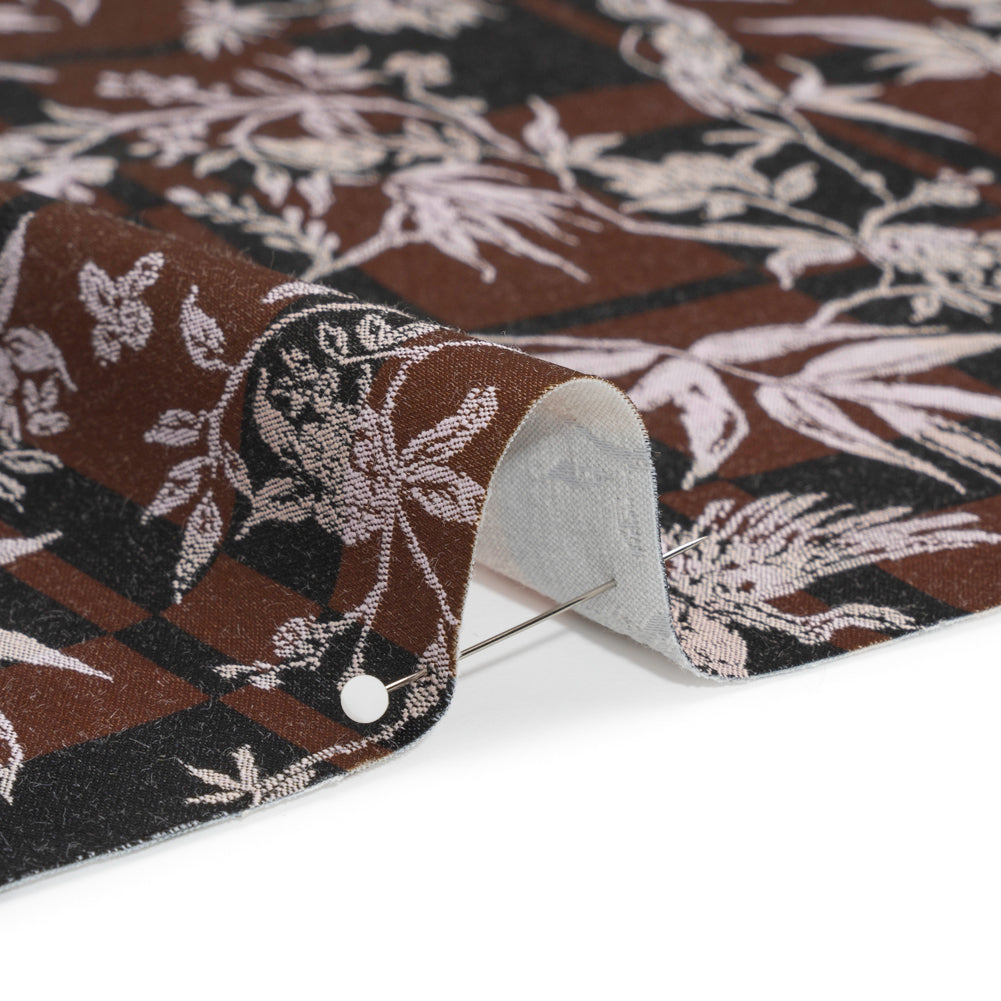Stretch Flowers and Cranes Jacquard Print - Brown and Black Plaid - Mood Exclusive Long Live Detail Stretch Flowers and Cranes Jacquard Print - Brown and Black Plaid - Mood Exclusive Long Live Detail