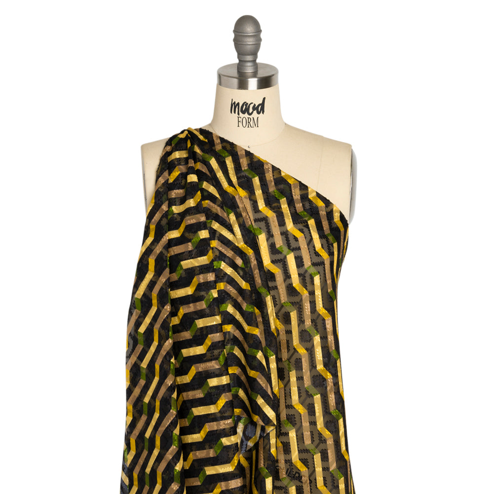 Geometric Burnout Polyester Woven Print - Yellow Zig Zags - Mood Exclusive Wicked Will Island Detail Geometric Burnout Polyester Woven Print - Yellow Zig Zags - Mood Exclusive Wicked Will Island Detail