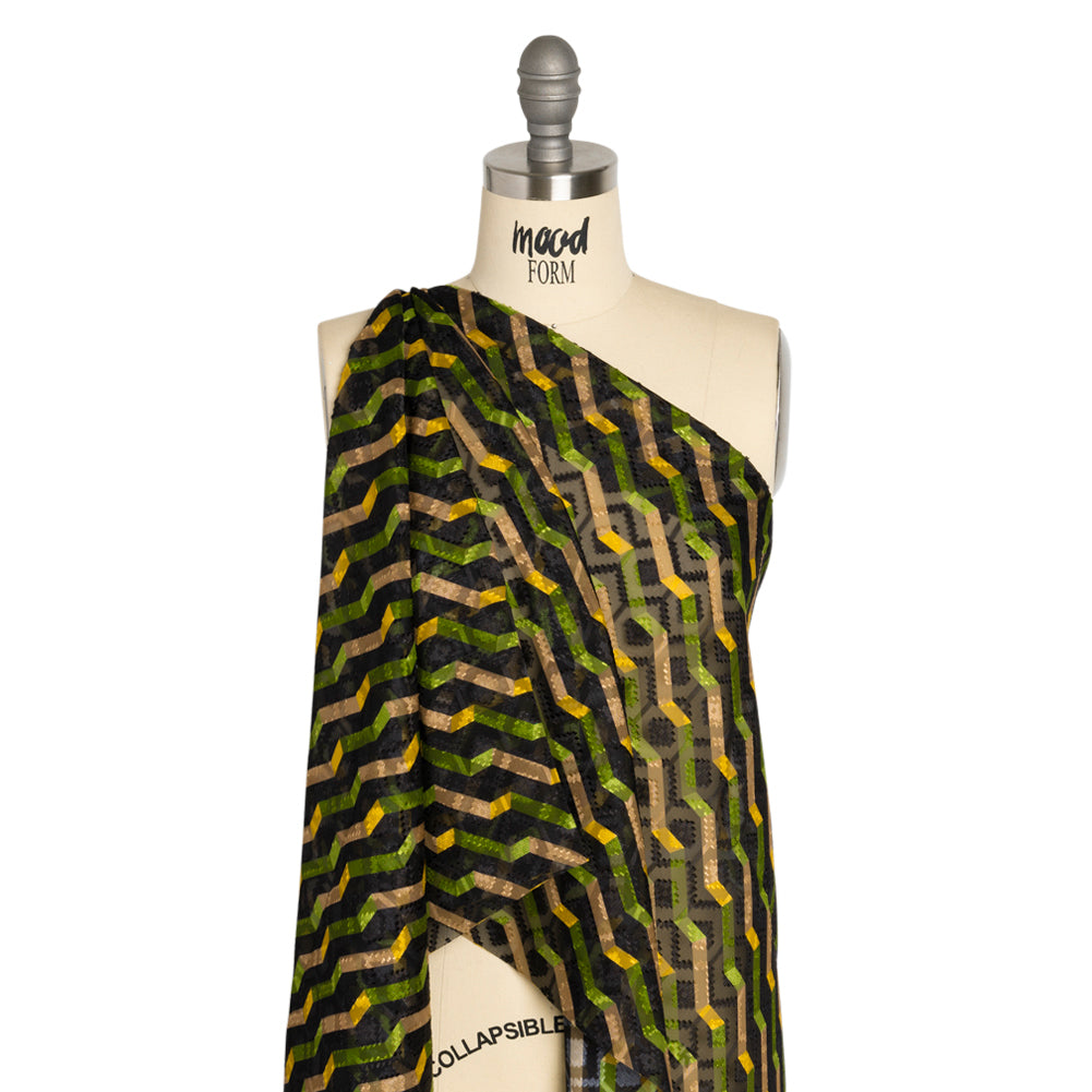 Geometric Burnout Polyester Woven Print - Green Zig Zags - Mood Exclusive Wicked Will Island Detail Geometric Burnout Polyester Woven Print - Green Zig Zags - Mood Exclusive Wicked Will Island Detail
