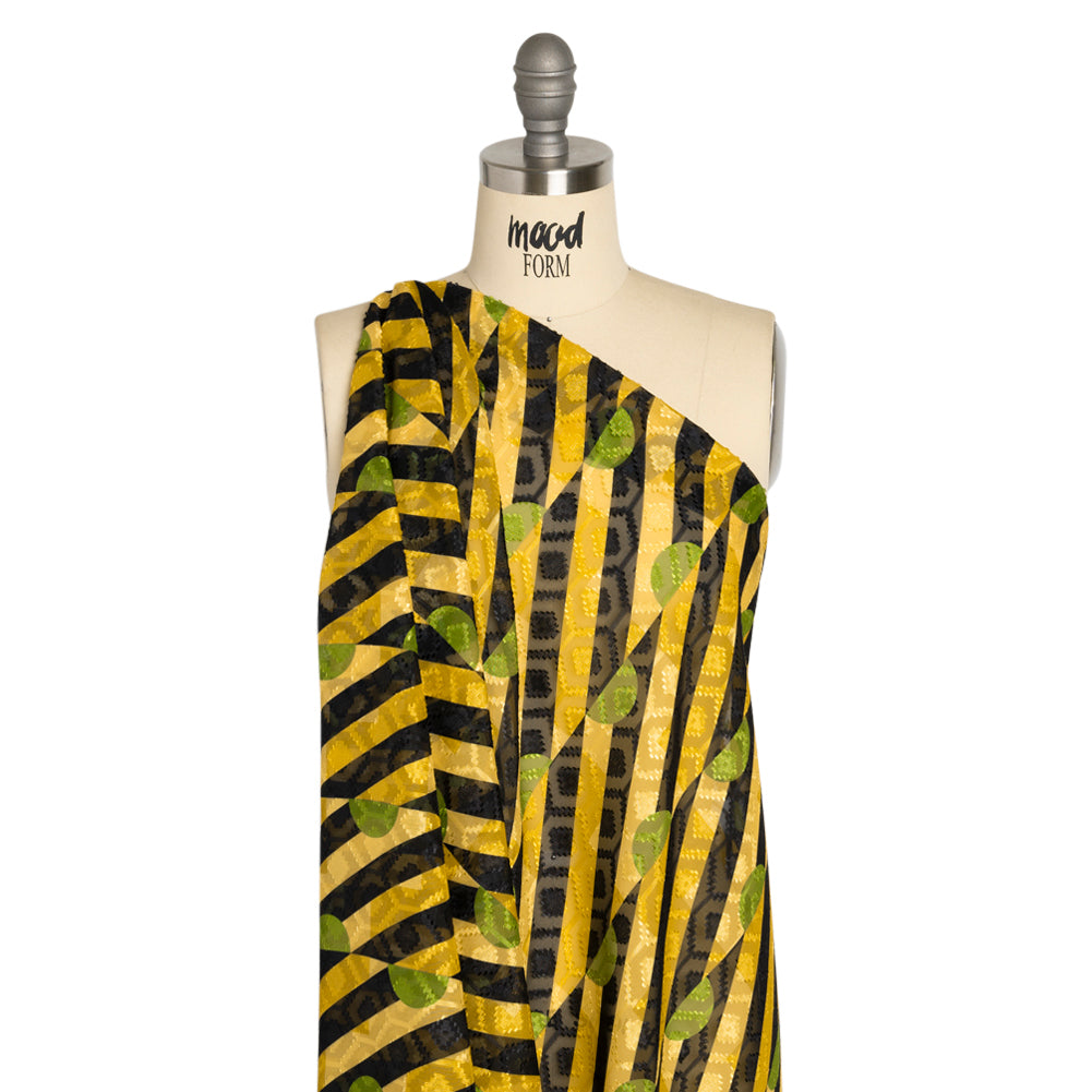 Geometric Burnout Polyester Woven Print - Goldenrod Half Circles and Stripes - Mood Exclusive Sunrise Kingdom Detail Geometric Burnout Polyester Woven Print - Goldenrod Half Circles and Stripes - Mood Exclusive Sunrise Kingdom Detail