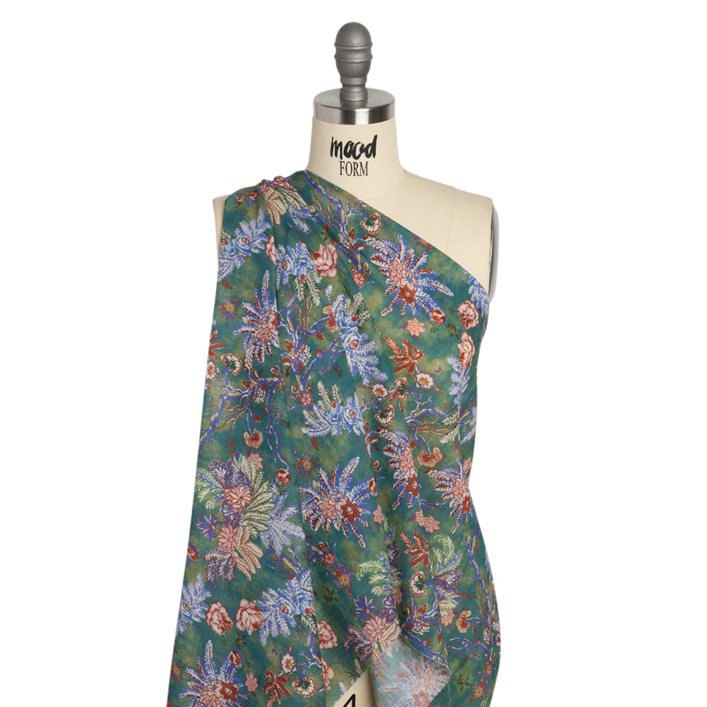 Crinkled Cotton Gauzy Woven Print - Forest Green, Red and Blue Floral - Mood Exclusive Derbyshire Stroll Drape Crinkled Cotton Gauzy Woven Print - Forest Green, Red and Blue Floral - Mood Exclusive Derbyshire Stroll Drape
