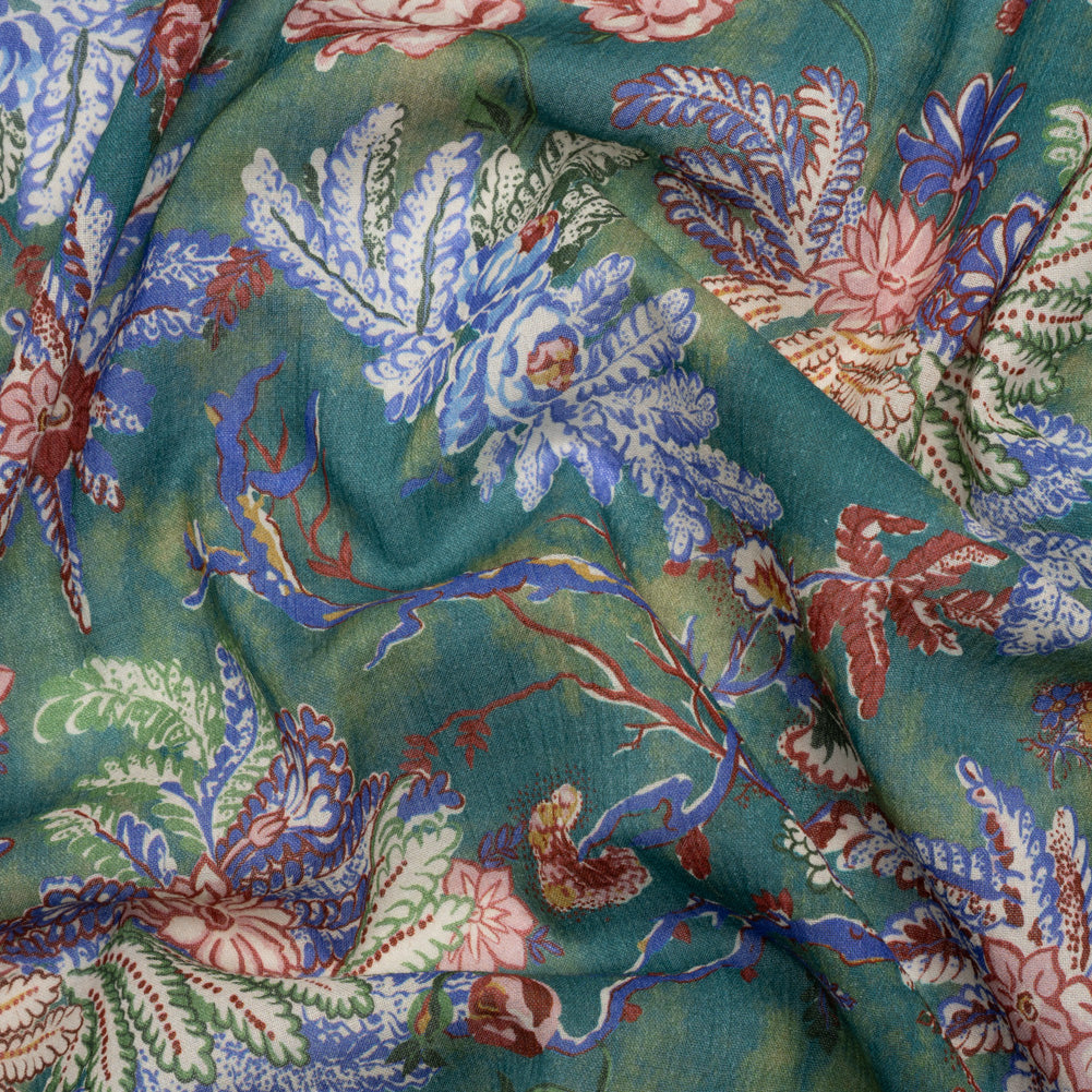 Crinkled Cotton Gauzy Woven Print - Forest Green, Red and Blue Floral - Mood Exclusive Derbyshire Stroll Crinkled Cotton Gauzy Woven Print - Forest Green, Red and Blue Floral - Mood Exclusive Derbyshire Stroll
