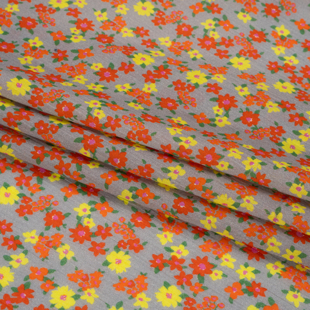 Crinkled Cotton Gauzy Woven Print - Red, Yellow and Gray Floral - Mood Exclusive Little Lillies Folded Crinkled Cotton Gauzy Woven Print - Red, Yellow and Gray Floral - Mood Exclusive Little Lillies Folded
