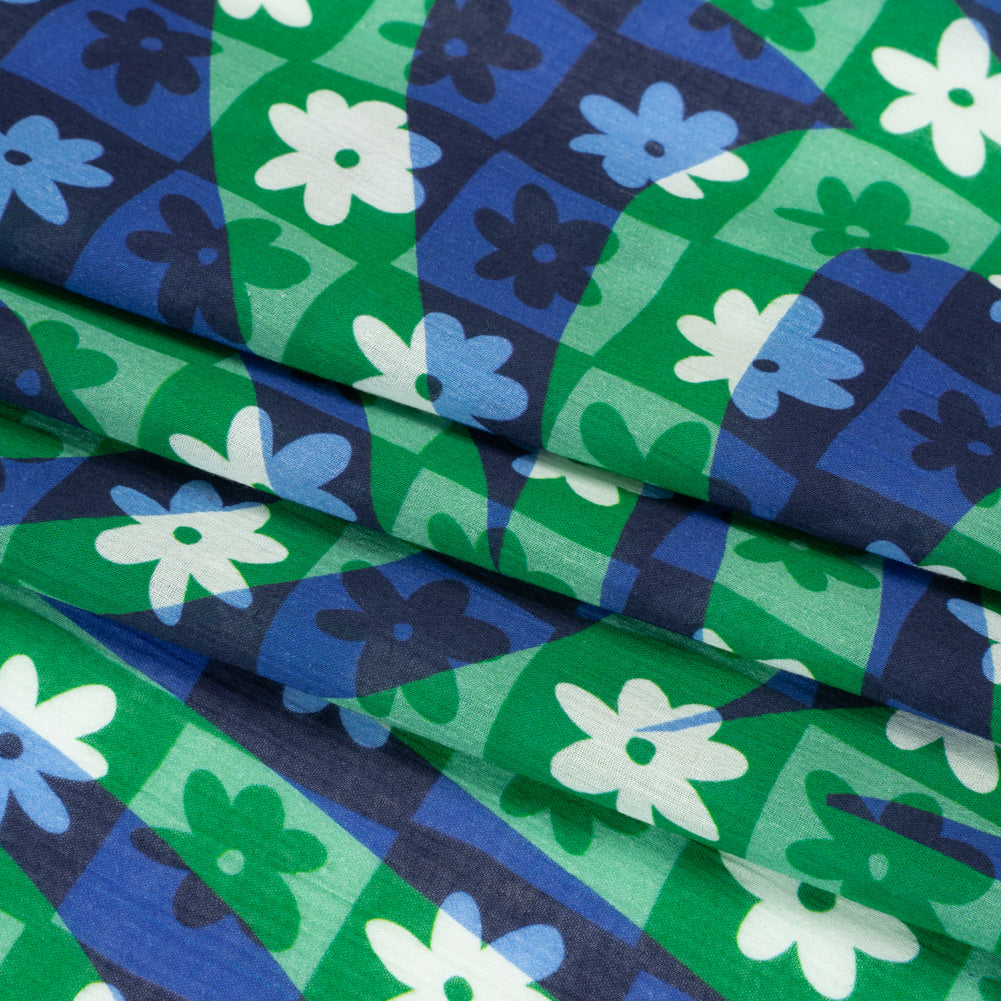 Crinkled Cotton Gauzy Woven Print - Green and Blue Flowers and Swirls on Checks - Mood Exclusive Gardener's Game Folded Crinkled Cotton Gauzy Woven Print - Green and Blue Flowers and Swirls on Checks - Mood Exclusive Gardener's Game Folded