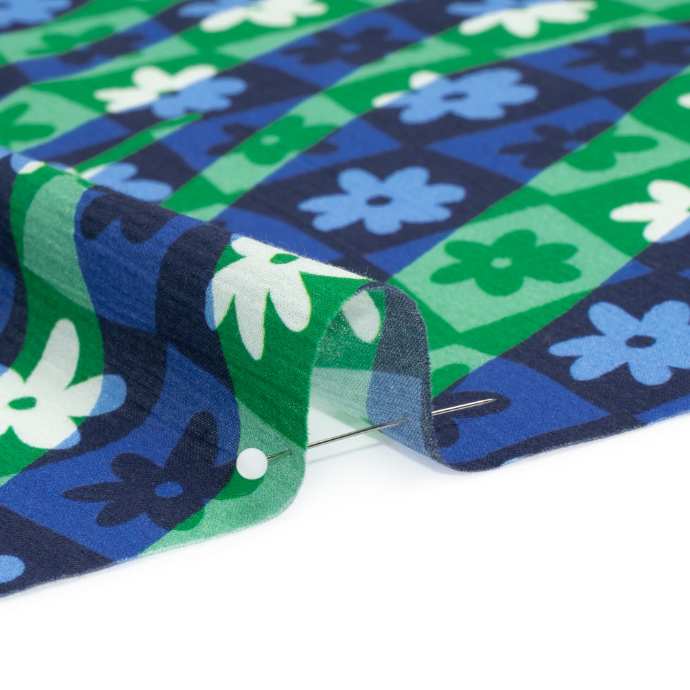 Crinkled Cotton Gauzy Woven Print - Green and Blue Flowers and Swirls on Checks - Mood Exclusive Gardener's Game Detail Crinkled Cotton Gauzy Woven Print - Green and Blue Flowers and Swirls on Checks - Mood Exclusive Gardener's Game Detail