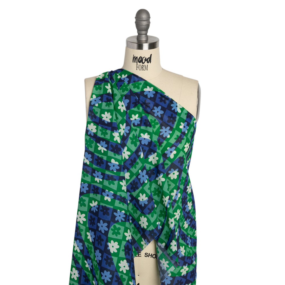 Crinkled Cotton Gauzy Woven Print - Green and Blue Flowers and Swirls on Checks - Mood Exclusive Gardener's Game Drape Crinkled Cotton Gauzy Woven Print - Green and Blue Flowers and Swirls on Checks - Mood Exclusive Gardener's Game Drape