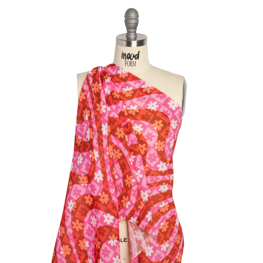 Crinkled Cotton Gauzy Woven Print - Red and Pink Flowers and Swirls on Checks - Mood Exclusive Gardener's Game Drape Crinkled Cotton Gauzy Woven Print - Red and Pink Flowers and Swirls on Checks - Mood Exclusive Gardener's Game Drape