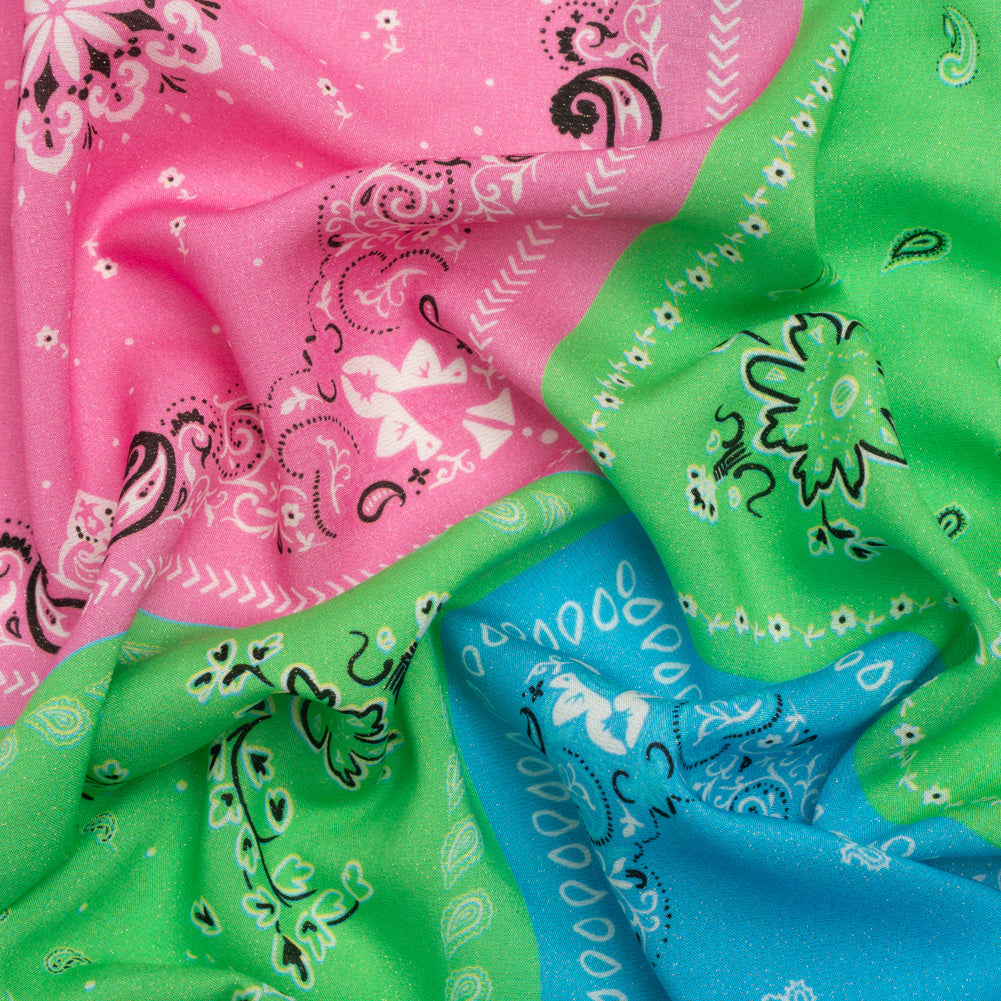 Metallic Viscose Woven Panel - Blue, Green and Pink Bandana Paisley Patchwork - Mood Exclusive Bandana Believer Metallic Viscose Woven Panel - Blue, Green and Pink Bandana Paisley Patchwork - Mood Exclusive Bandana Believer
