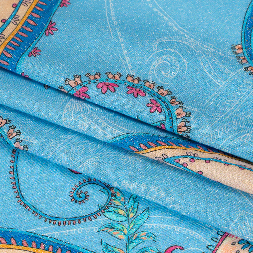 Metallic Viscose Woven Print - Blue and Peach Paisley - Mood Exclusive Bedelia Beginnings Folded Metallic Viscose Woven Print - Blue and Peach Paisley - Mood Exclusive Bedelia Beginnings Folded