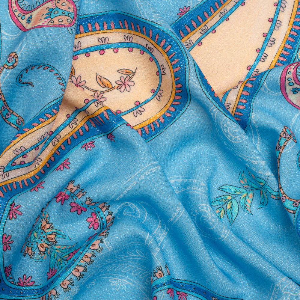 Metallic Viscose Woven Print - Blue and Peach Paisley - Mood Exclusive Bedelia Beginnings Metallic Viscose Woven Print - Blue and Peach Paisley - Mood Exclusive Bedelia Beginnings