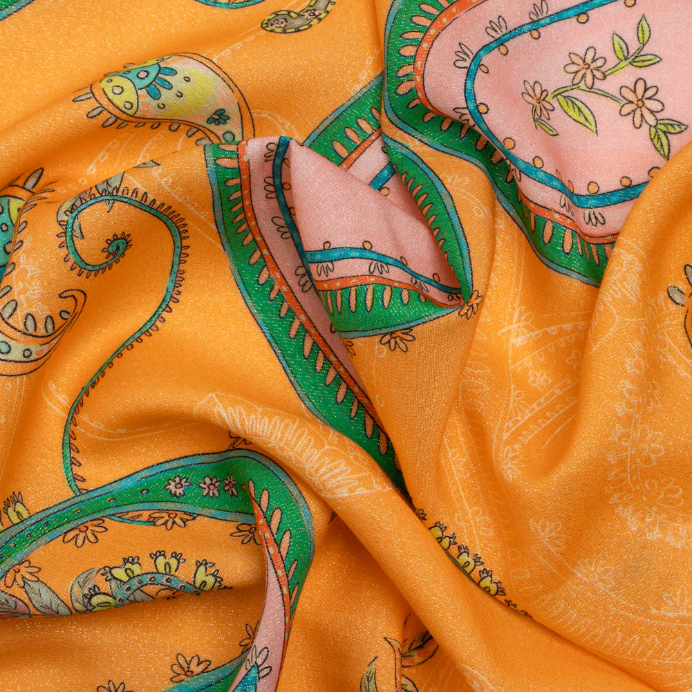 Metallic Viscose Woven Print - Orange and Green Paisley - Mood Exclusive Bedelia Beginnings Metallic Viscose Woven Print - Orange and Green Paisley - Mood Exclusive Bedelia Beginnings
