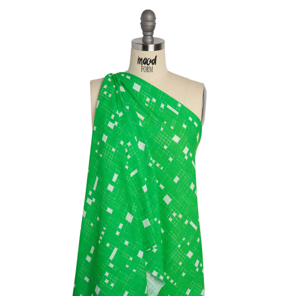 Slubbed Gauzy Cotton Woven Print - Kelly Green Geometric Squares - Mood Exclusive Blocked In Drape Slubbed Gauzy Cotton Woven Print - Kelly Green Geometric Squares - Mood Exclusive Blocked In Drape