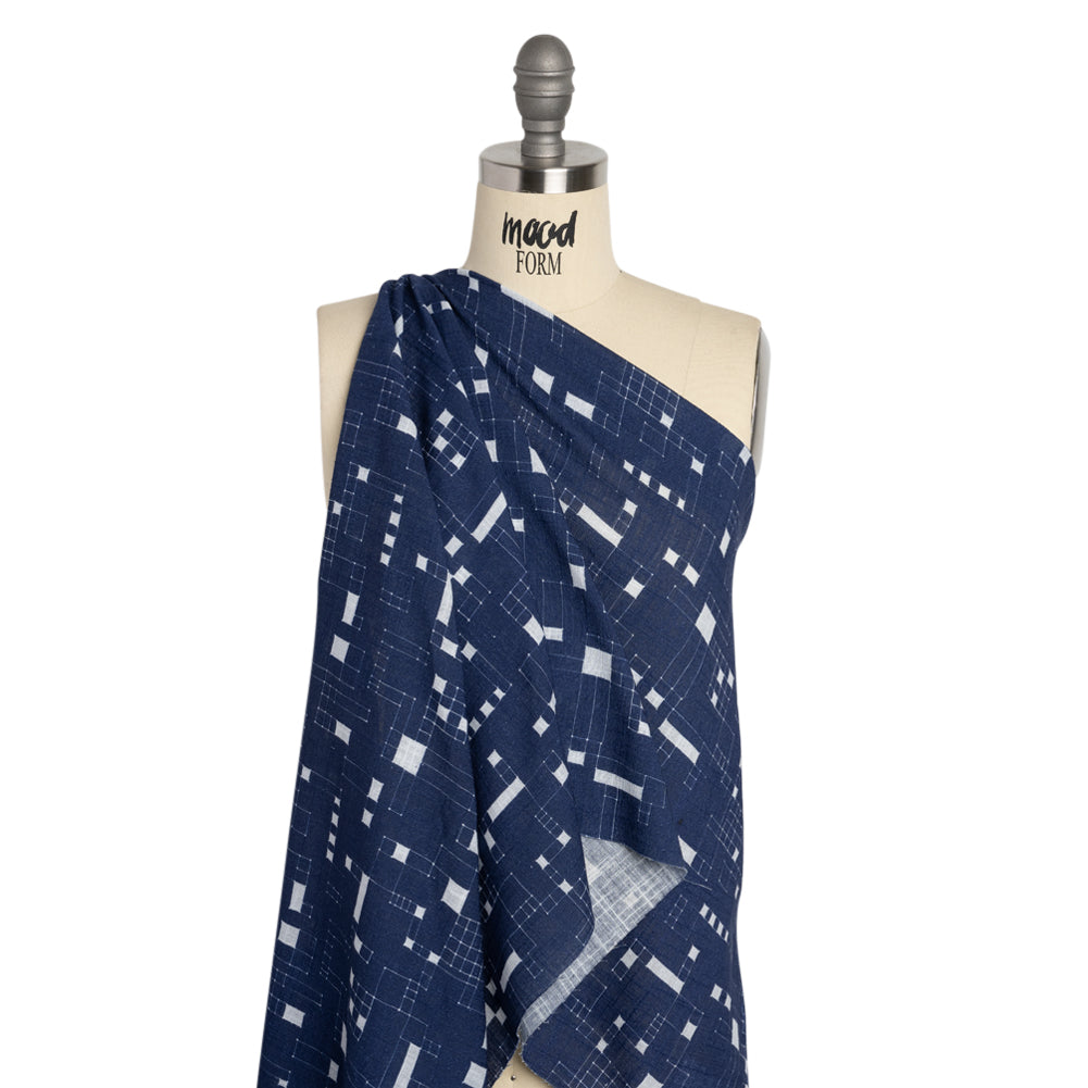 Slubbed Gauzy Cotton Woven Print - Navy Geometric Squares - Mood Exclusive Blocked In Drape Slubbed Gauzy Cotton Woven Print - Navy Geometric Squares - Mood Exclusive Blocked In Drape