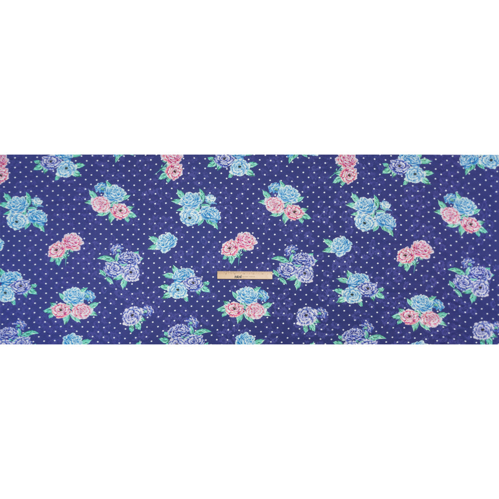 Floral Viscose Jacquard Print - Indigo, Blue and Pink Floral and Polka Dots - Mood Exclusive Rose Bush Banter Drape Floral Viscose Jacquard Print - Indigo, Blue and Pink Floral and Polka Dots - Mood Exclusive Rose Bush Banter Drape