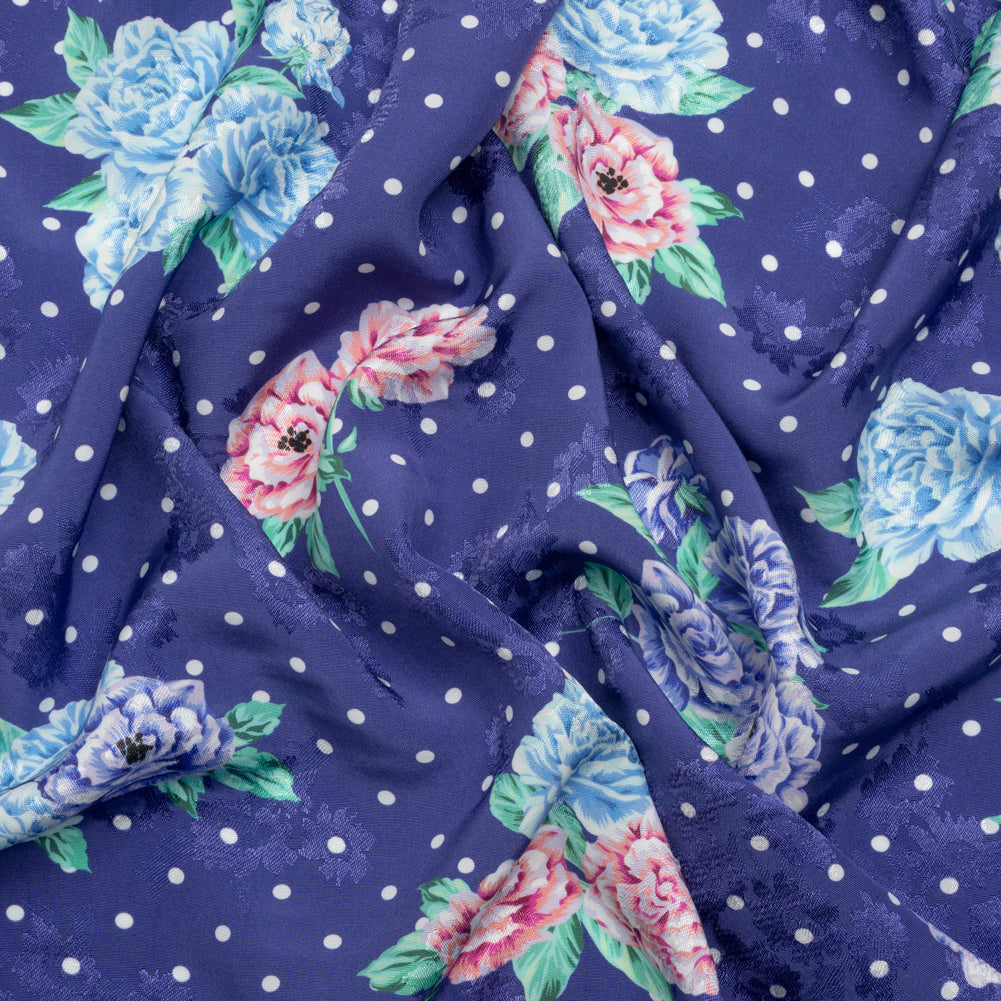 Floral Viscose Jacquard Print - Indigo, Blue and Pink Floral and Polka Dots - Mood Exclusive Rose Bush Banter Floral Viscose Jacquard Print - Indigo, Blue and Pink Floral and Polka Dots - Mood Exclusive Rose Bush Banter